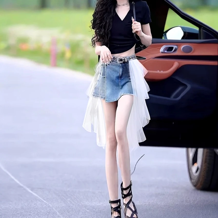 2025夏薄款网纱拼接不规则高腰减龄牛仔半身裙女百褶短裙裤设计感