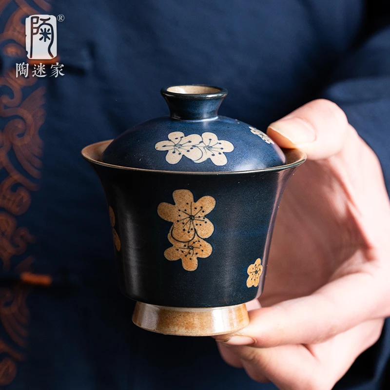 陶迷手绘粉引釉下彩梅花盖碗家用陶瓷二才泡茶碗高档会客功夫茶具