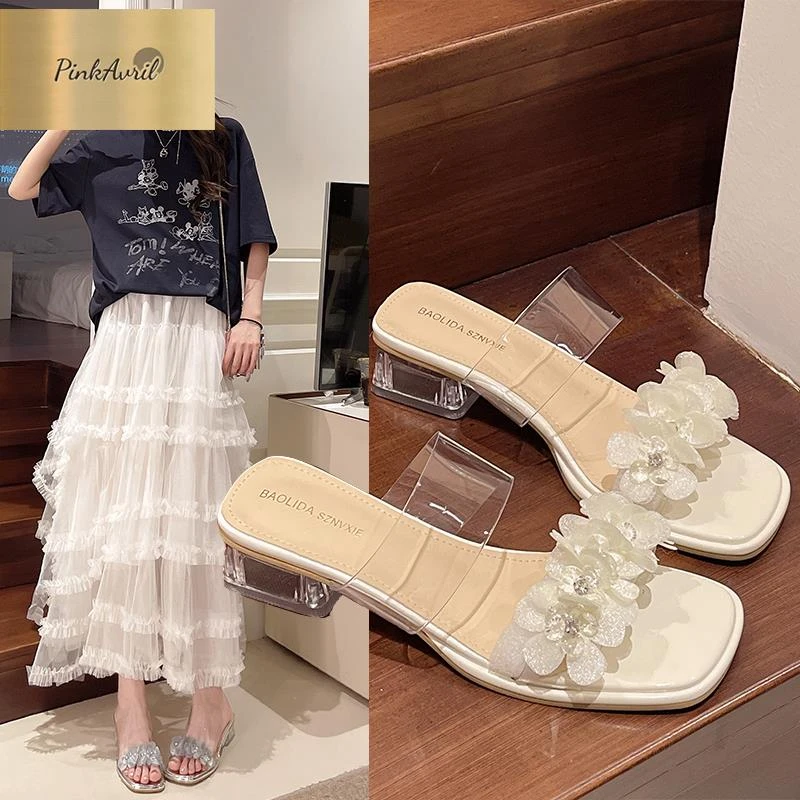 PinkAvril外裙子新款透明跟夏季一字女花朵仙女风凉鞋穿配2025带