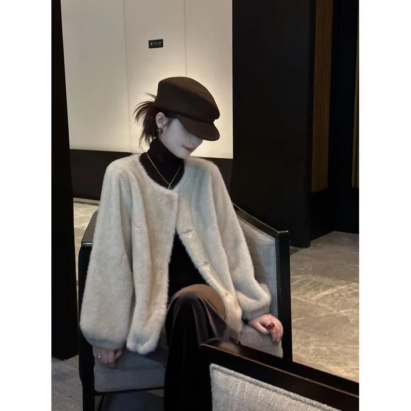 R123386W常规款韩版针织宽松型厚款短外套百搭大衣秋冬洋气