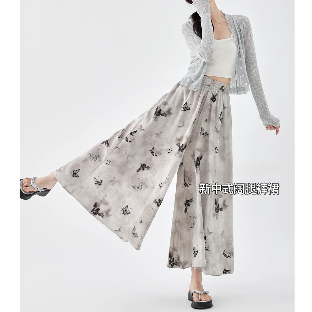 新中式九分裤山本裤裙阔腿八分裤直筒透气高腰宽松夏季水墨休闲裤