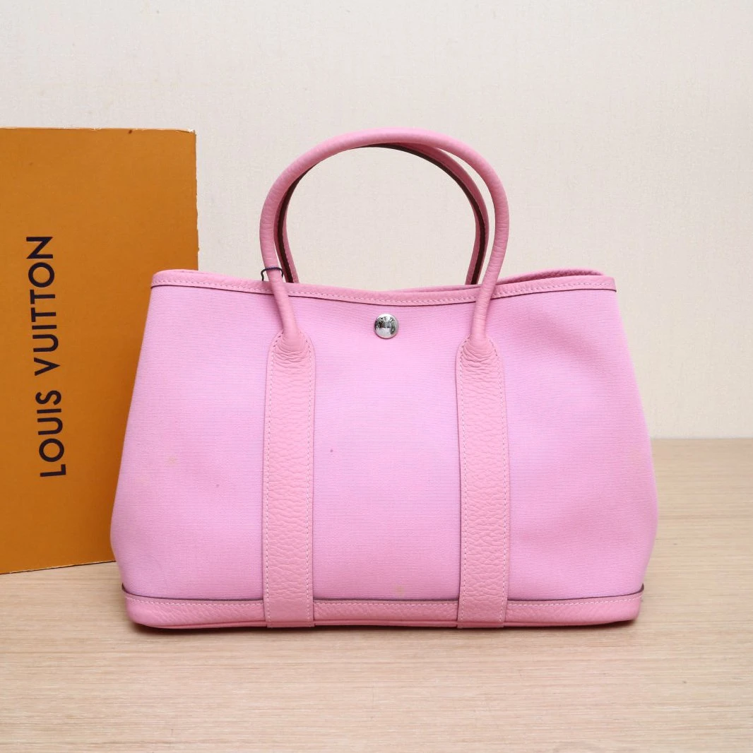95新 Hermes/爱马仕 双双花园包 30 樱花粉 帆布/NEGONA皮 Y刻