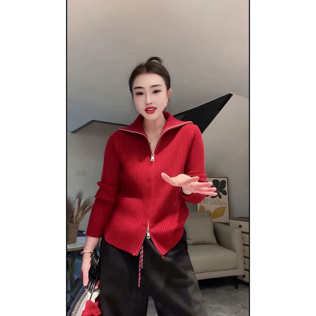 纯色上下拉链针织高领女宽松型衫洋气短款网红显瘦时尚休闲百搭