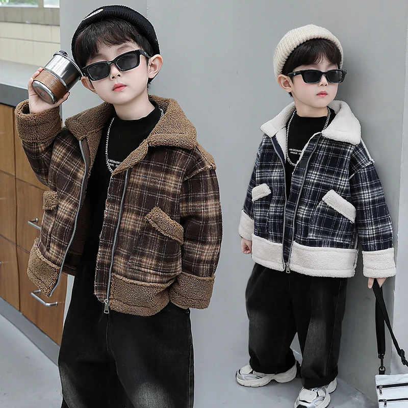 男童羊羔绒外套秋冬款2025新款冬季加绒加厚儿童小男孩冬装棉服潮