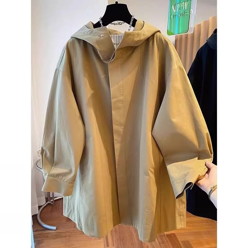 韩版简约气质中长款连帽风衣外套大码300斤宽松工装风衣男秋冬潮