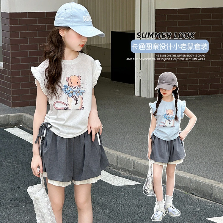 女童卡通动漫休闲风女夏季印花套装运动牛仔卡通老鼠休闲