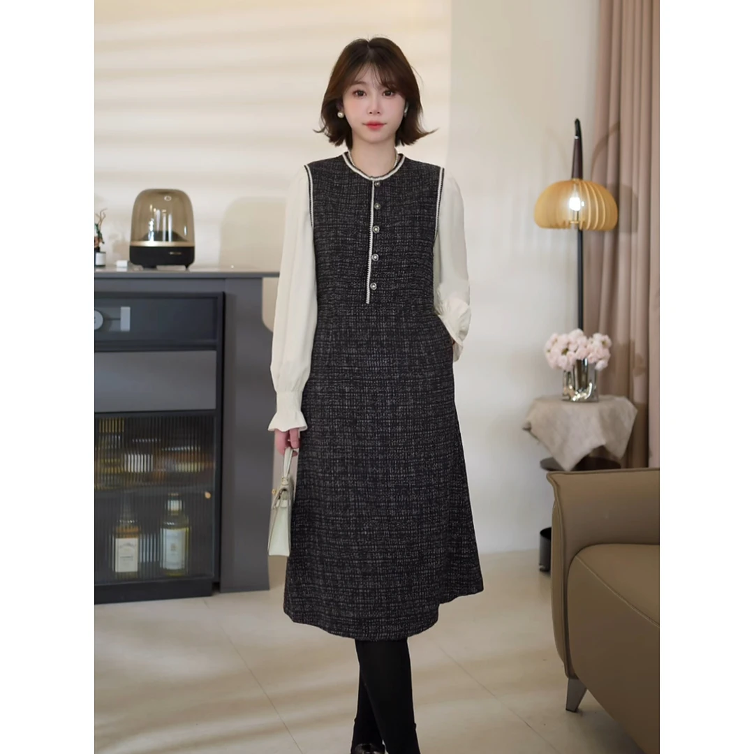 斯洋洋秋冬减龄显瘦粗花呢拼接气质时尚复古连衣裙 LYQ231172YY