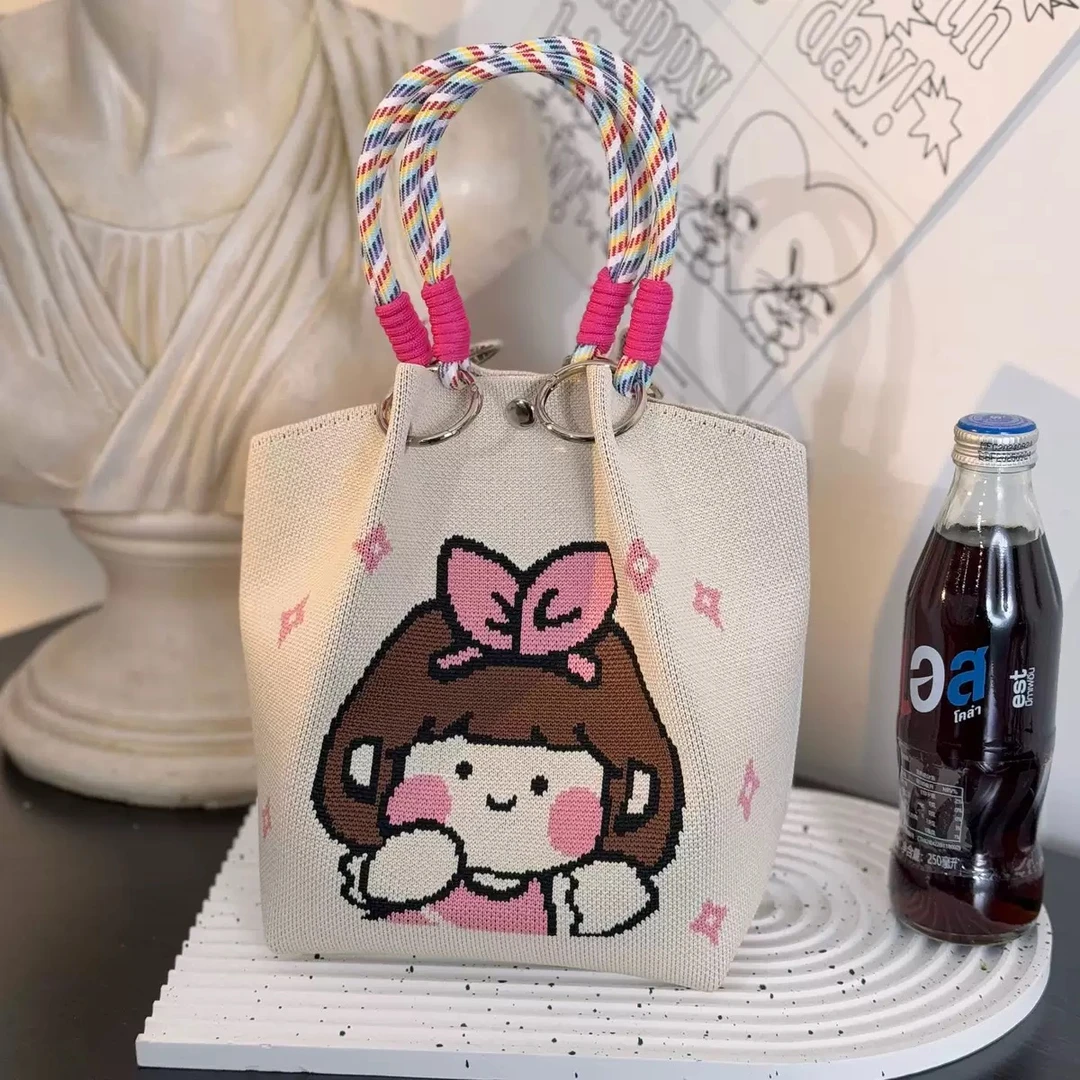 新款春夏韩版花朵针织水桶包包外出旅游手拎包百搭女手提包HY-015