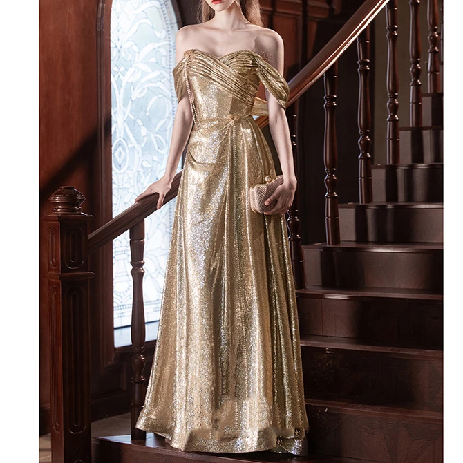 一字肩晚礼服女2025新款金色新娘订婚礼裙敬酒服高级感宴会主持人