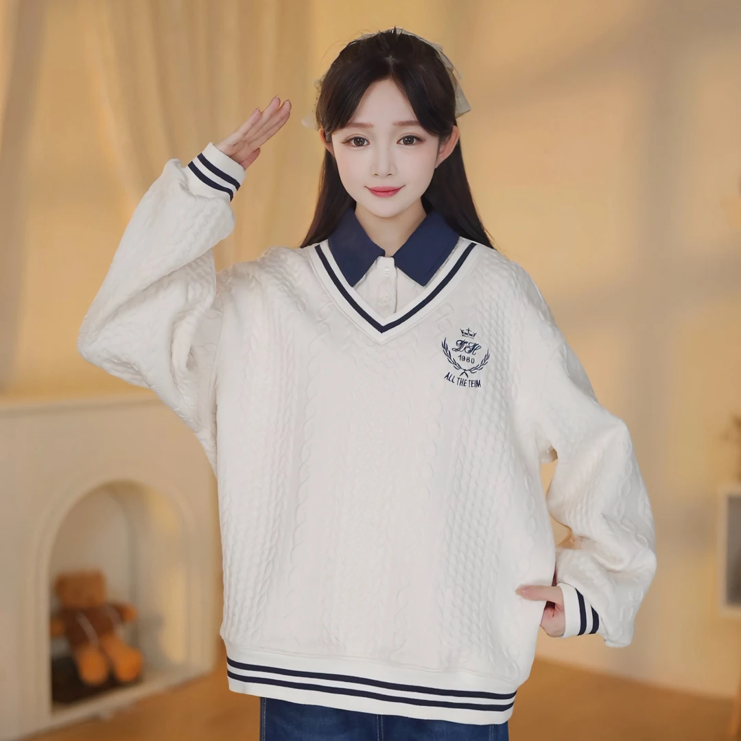 【初中生】卫衣女加绒学院风麻花冬季假两件上衣高中学生大童宽松