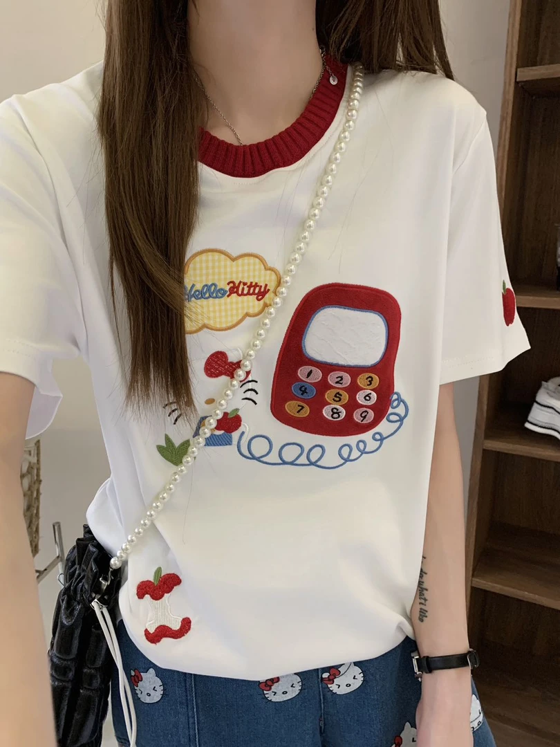 夏季上新电话kitty重工刺绣针织圆领卡通韩版休闲短袖女慵懒风