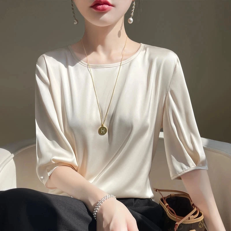 圆领五分袖净色醋酸缎面短袖t恤女2025年新款半袖上衣夏季薄款潮