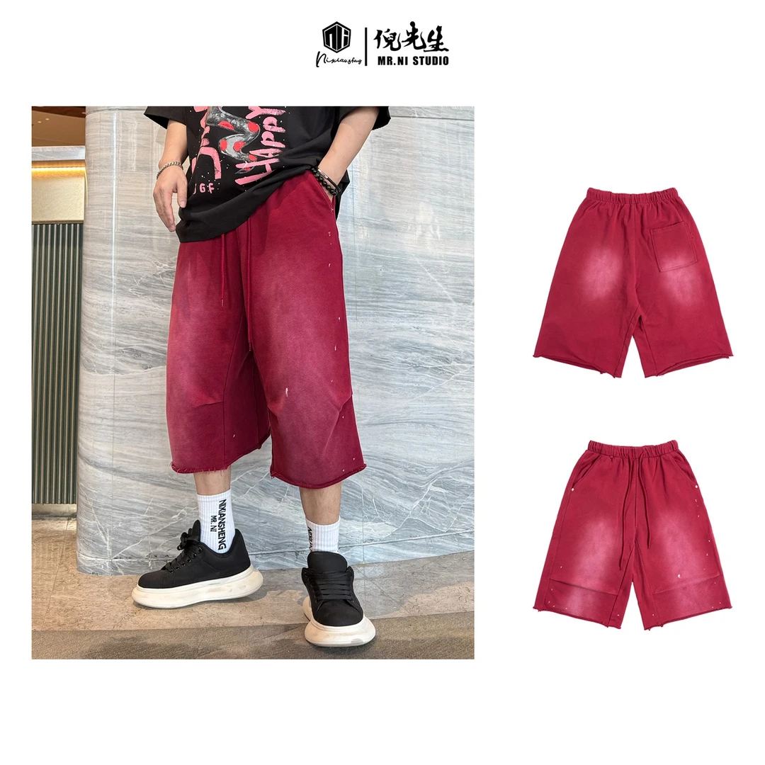 MR.NI/倪先生「遛弯小破裤」有范儿！水洗做旧喷马骝针织七分短裤