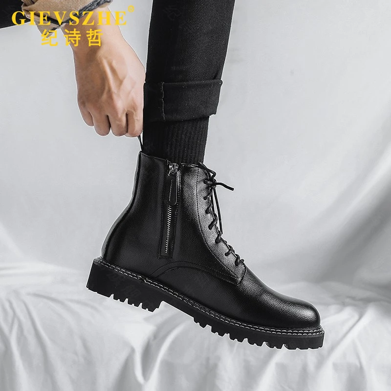 纪诗哲男士软底马丁靴秋冬拉链工装高帮皮鞋英伦风中帮切尔西靴子
