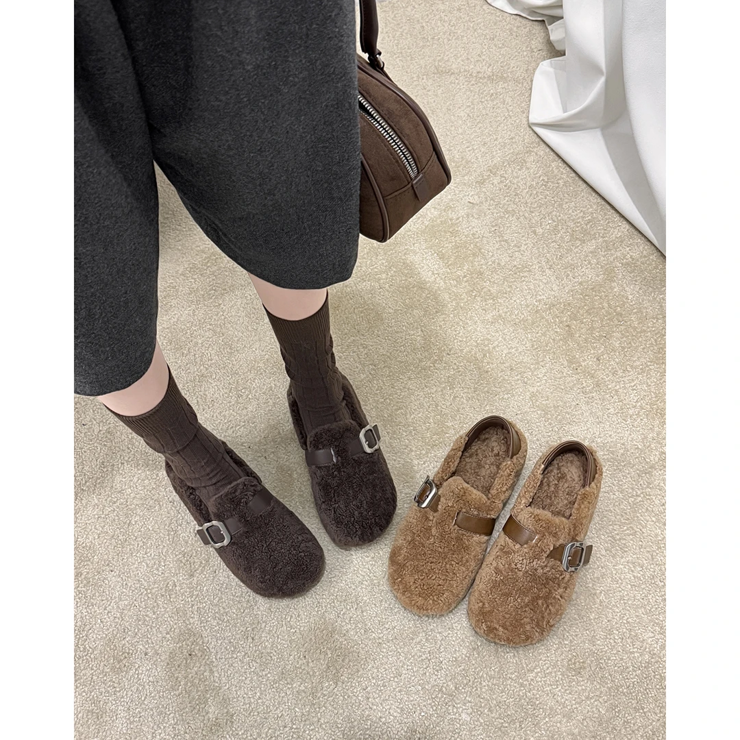 1.5cm/羊羔毛 冬新款低跟勃肯鞋百搭深口加绒毛毛鞋保暖女单鞋子