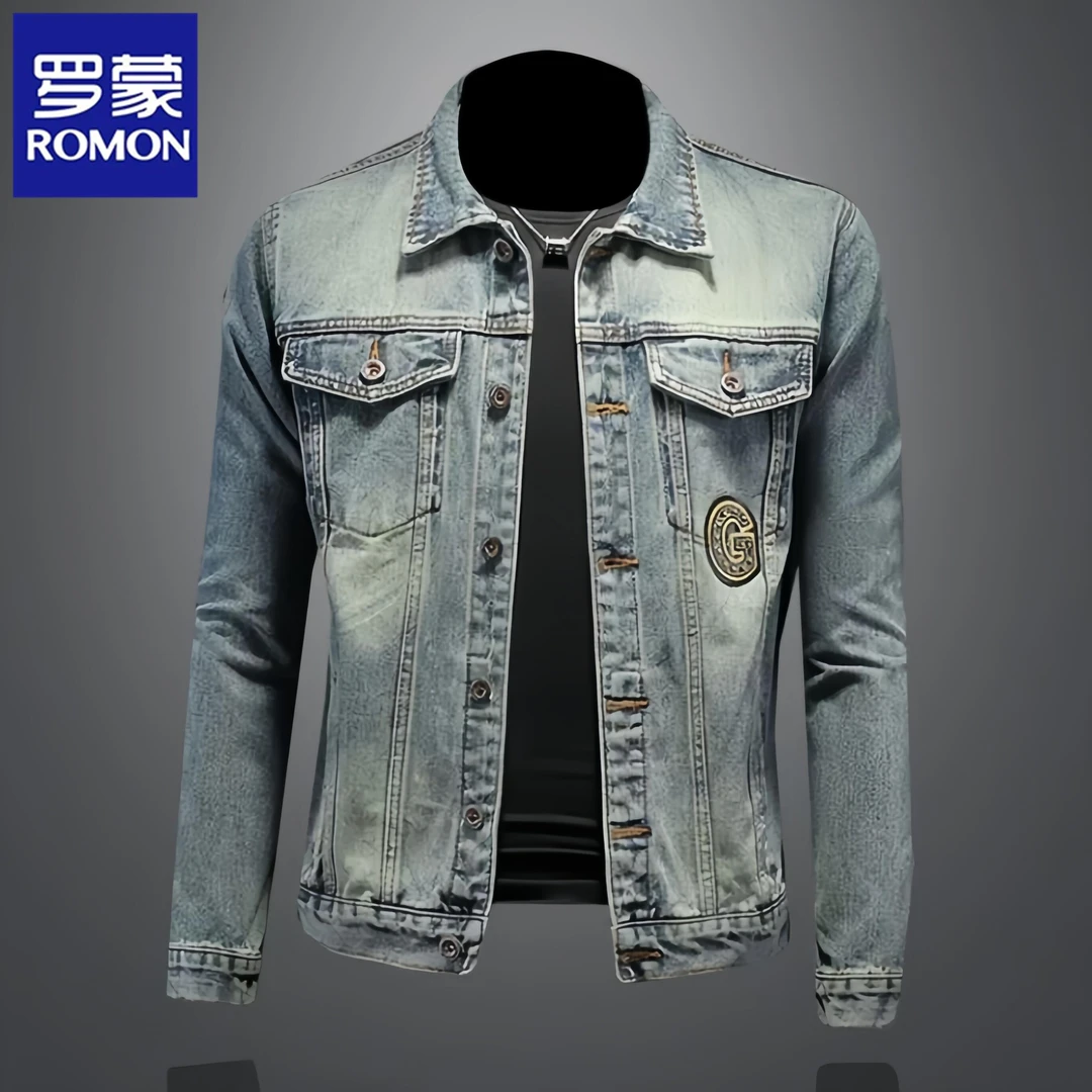 罗蒙2025韩版男士牛仔服翻领刺绣重工艺休闲上衣轻奢夹克春秋外套