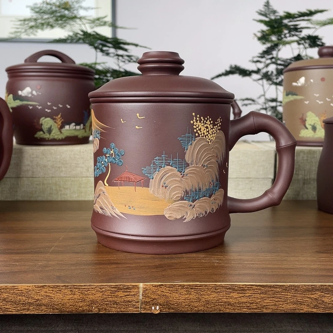 紫砂茶杯泥绘山水500cc