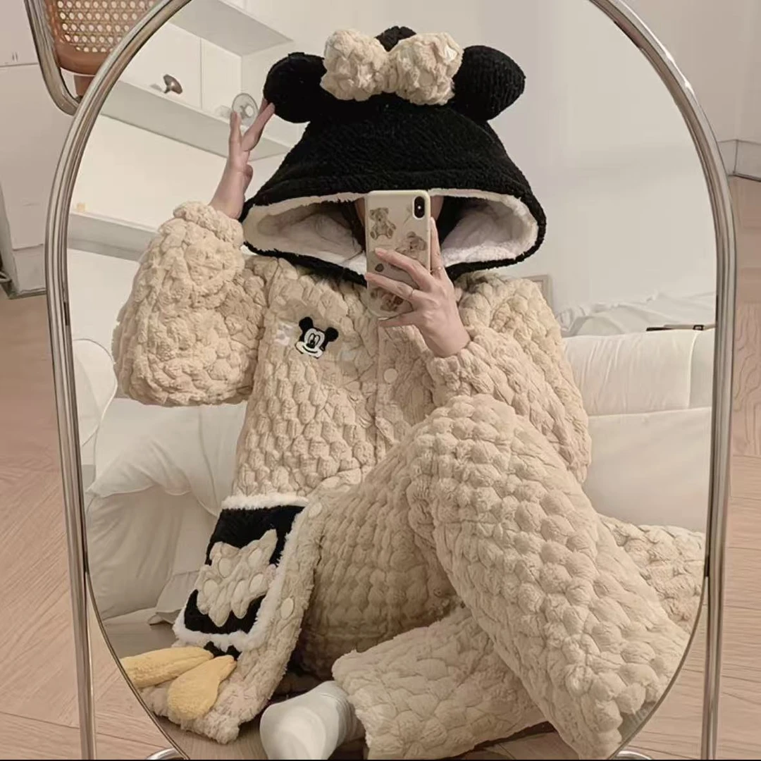 冬季连帽女家居服套装嘟嘟喵睡衣家居服甜美加厚睡衣
