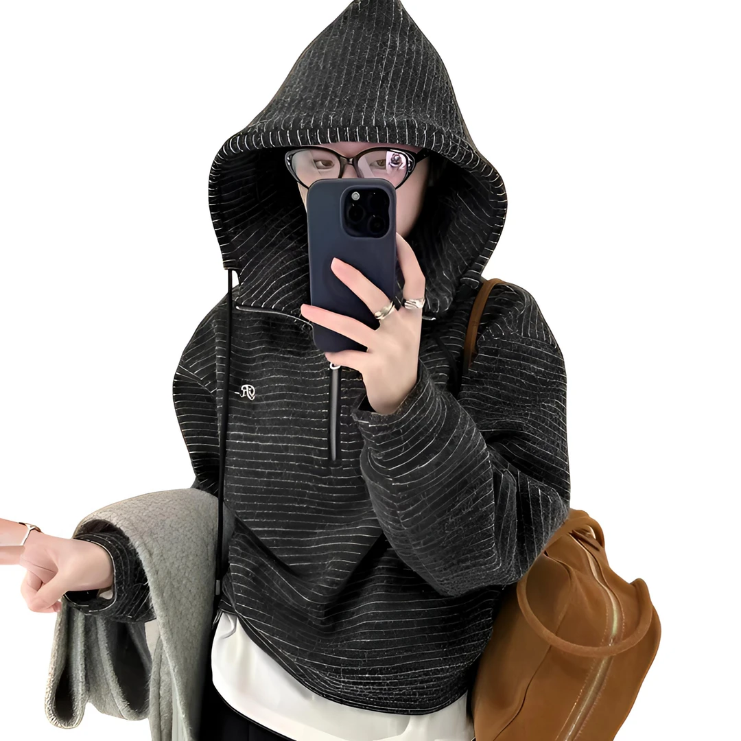 韩韵小爱优选 韩国东门2025春季新款超软兔毛绒连帽条纹卫衣