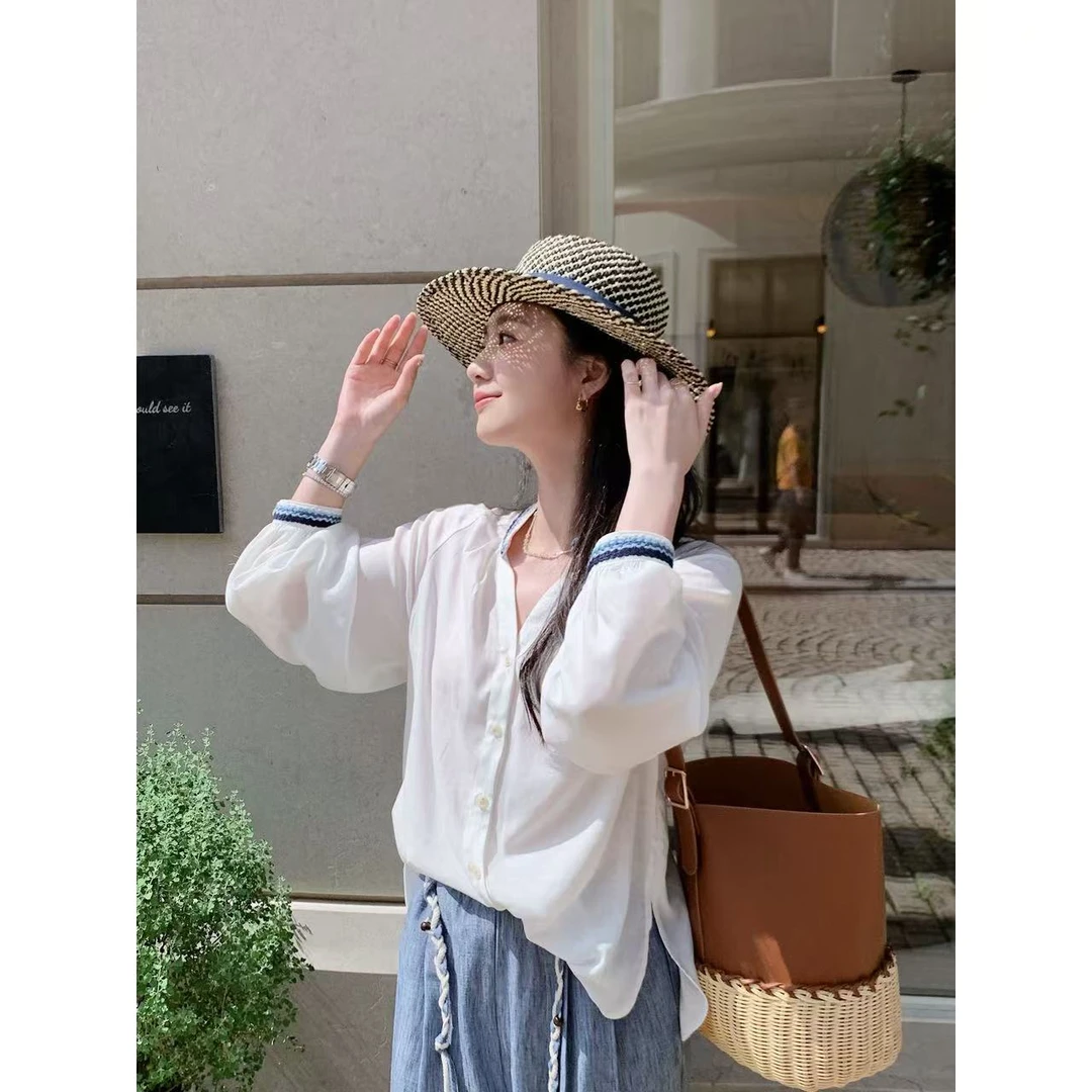 LaceyDitto 2025 7/5【蔚蓝交织】白色天丝亚麻手工织带衬衫