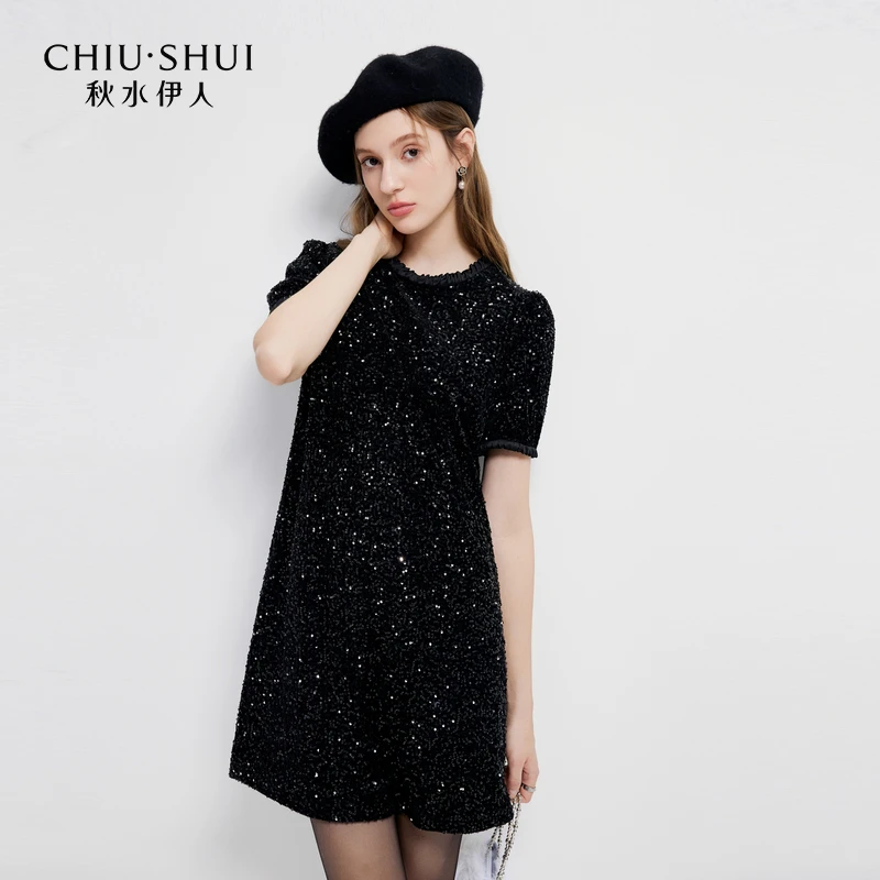 秋水伊人连衣裙2025年春季新款丝绒质感亮片裙子625112B020059