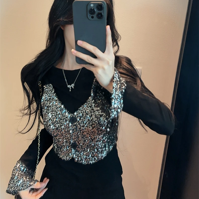 设计感亮片假两件打底衫女2025春秋新款气质减龄长袖时尚显瘦上衣