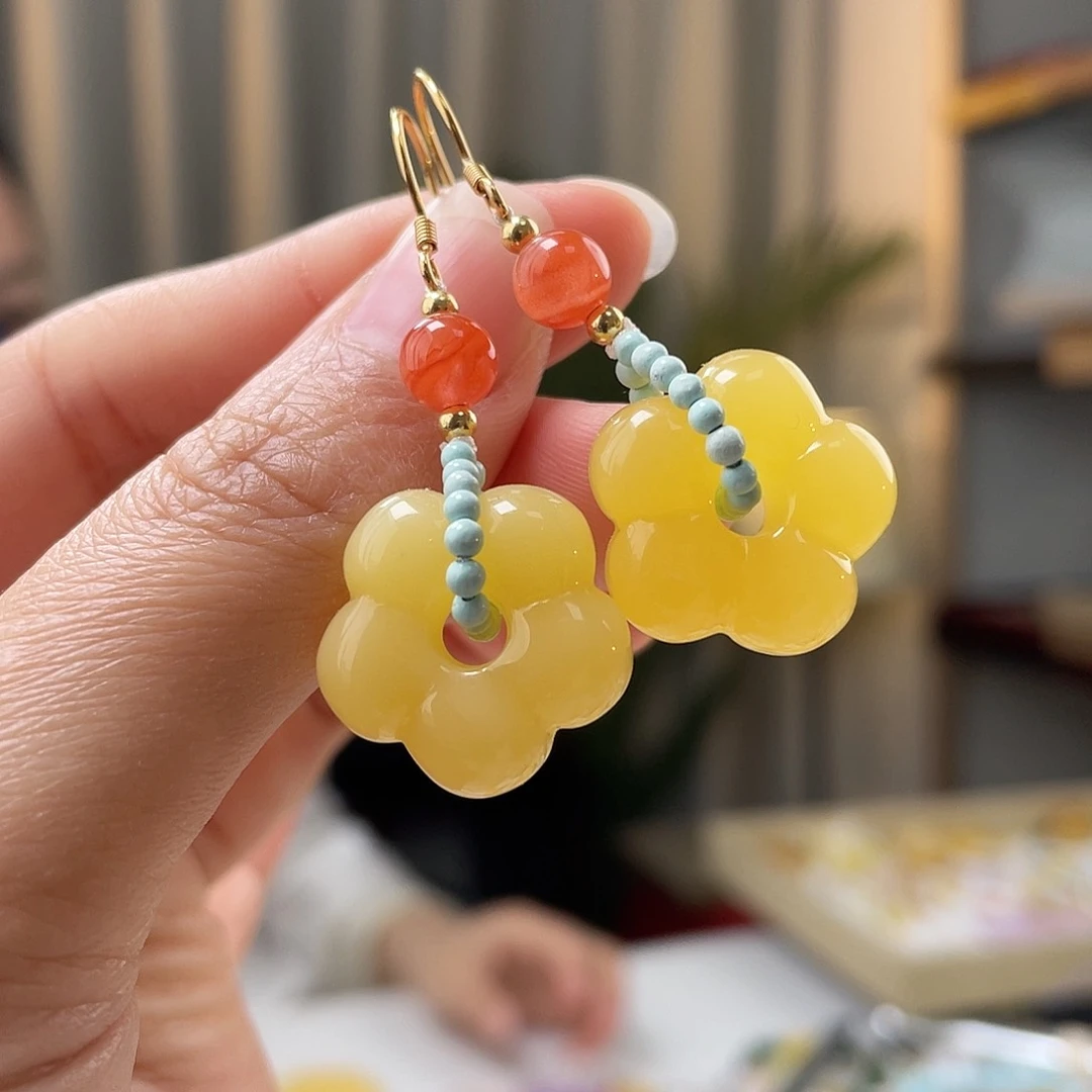 蜜蜡裸石银S925镀金镶嵌蜜蜡耳环