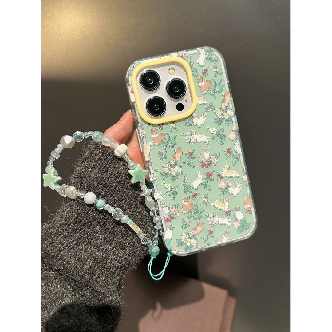 薄荷绿碎花兔二合一适用苹果16promax新款15pro/13手机壳14清新