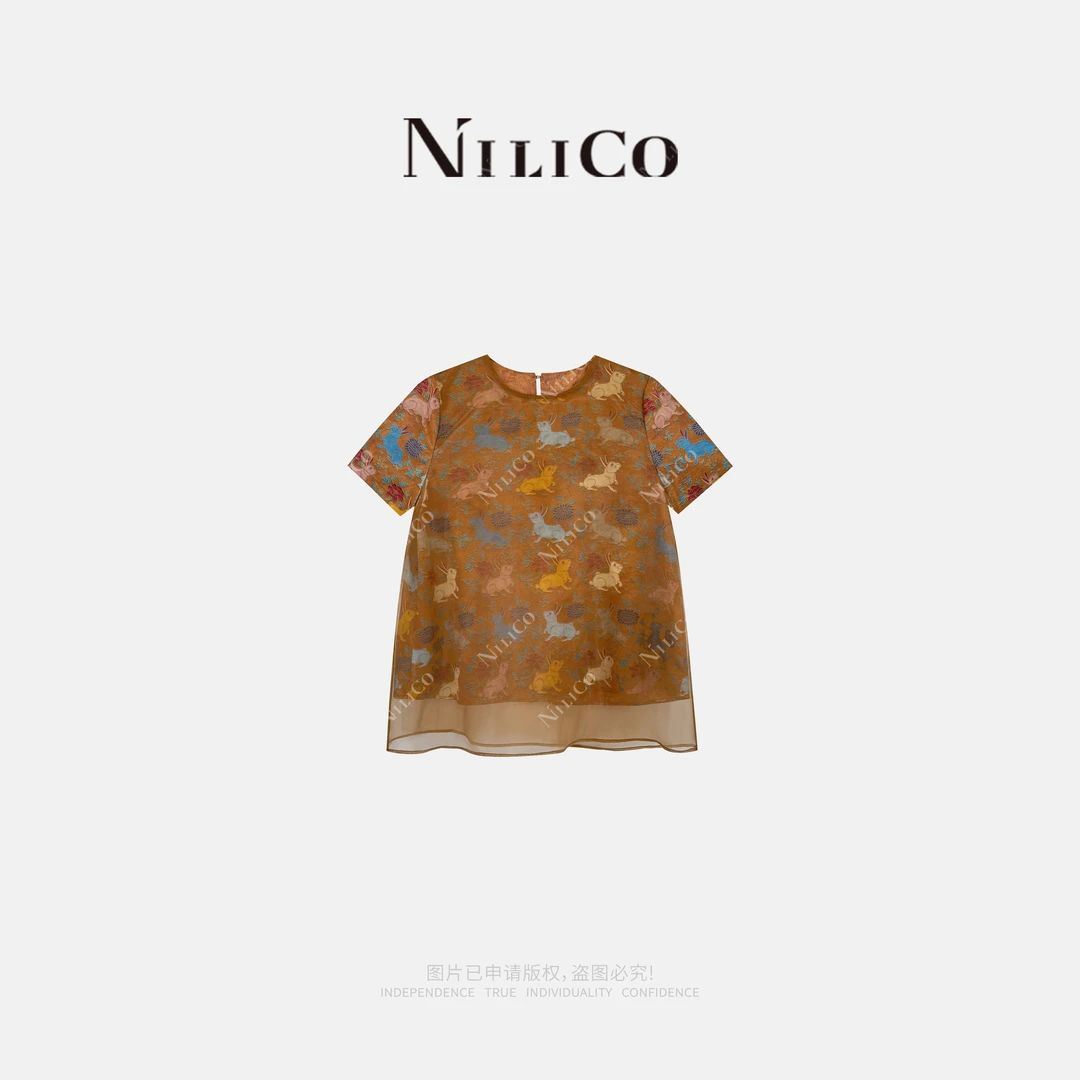 NILICO【兔纹】老钱新中式穿搭圆领网纱端庄气质拼接兔子印花上衣