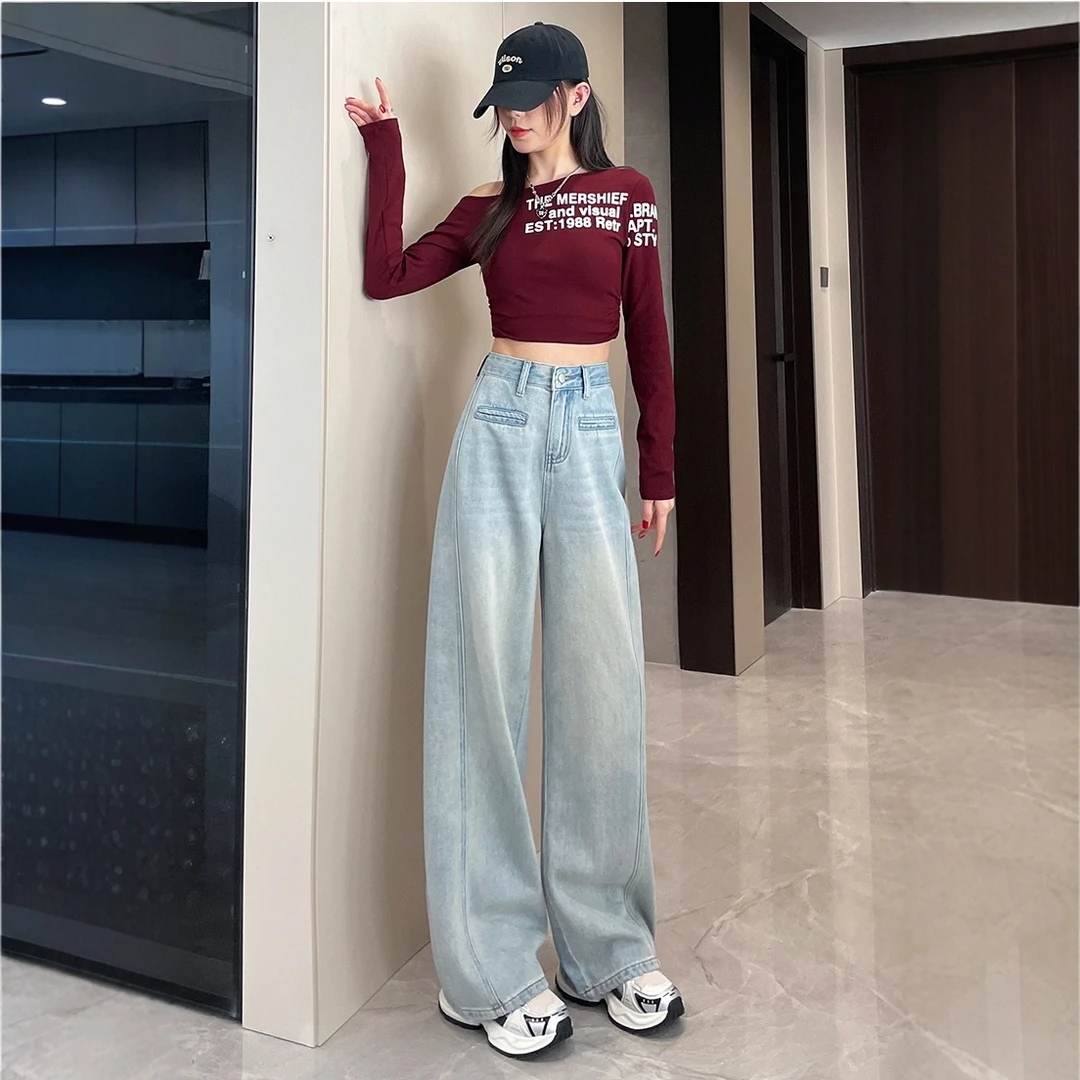 美式复古浅蓝色阔腿牛仔裤女2025春秋新款宽松显瘦遮肉休闲弯刀裤