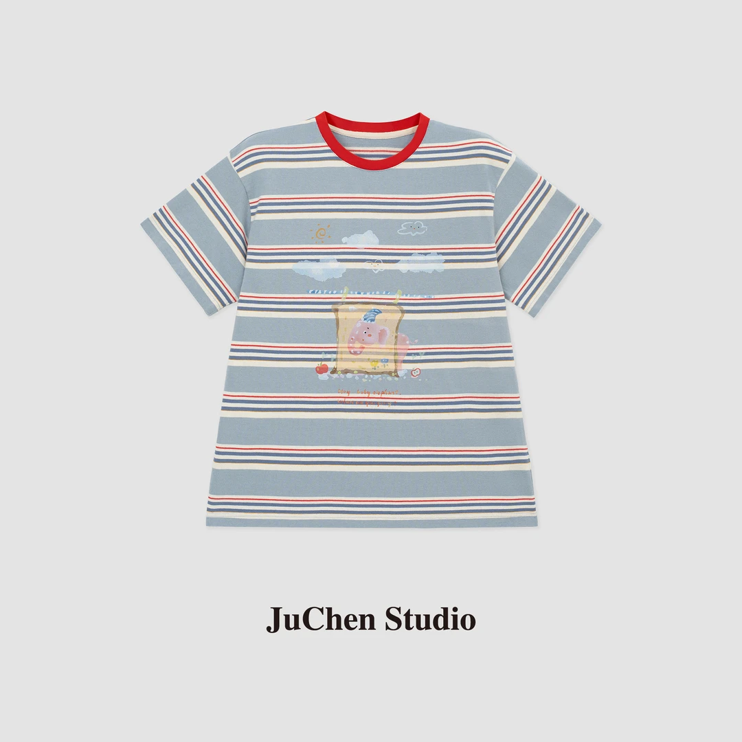 “云朵小象”创意手绘青春减龄印花撞色条纹短袖 SS022393-16