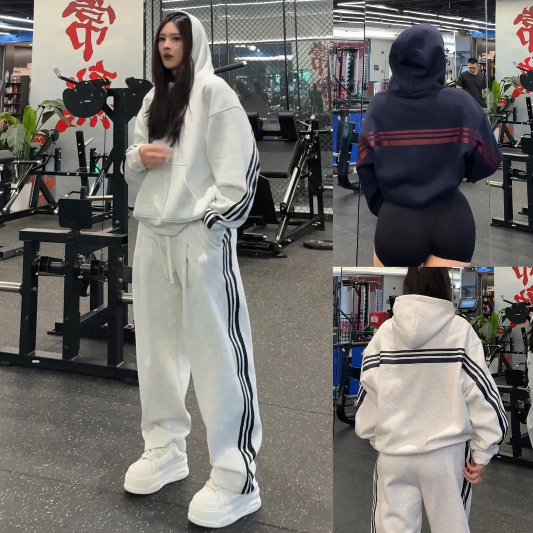 【北木】秋季新款连帽长袖撞色条纹拼接松紧腰百搭运动休闲裤两件套