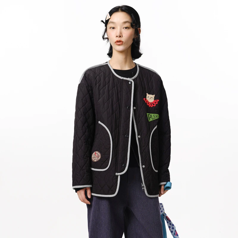 MOVEUP幻走2025秋季新款.FUN 绣花轻薄中长款棉外套女3EWQ20978