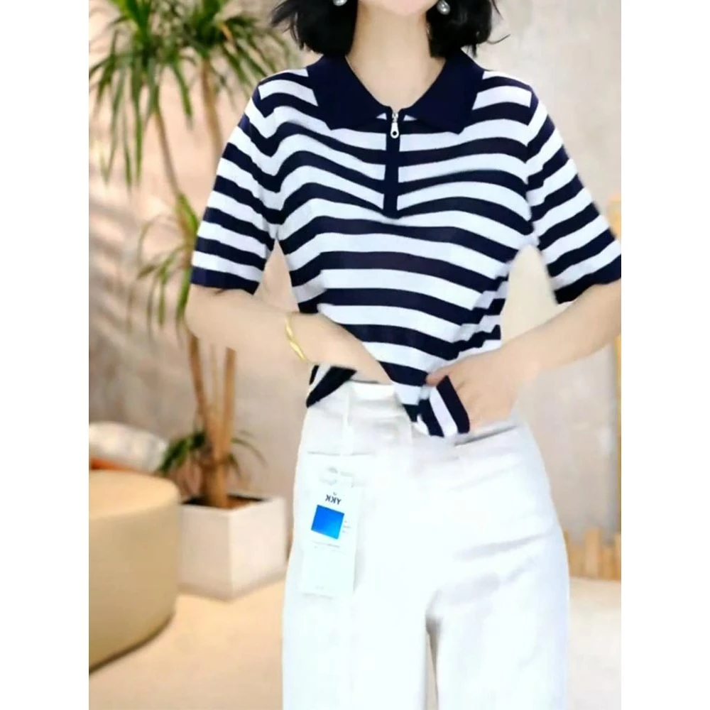 2025夏季韩式新款宽松百搭上衣撞色条纹POLO领针织短袖T恤女