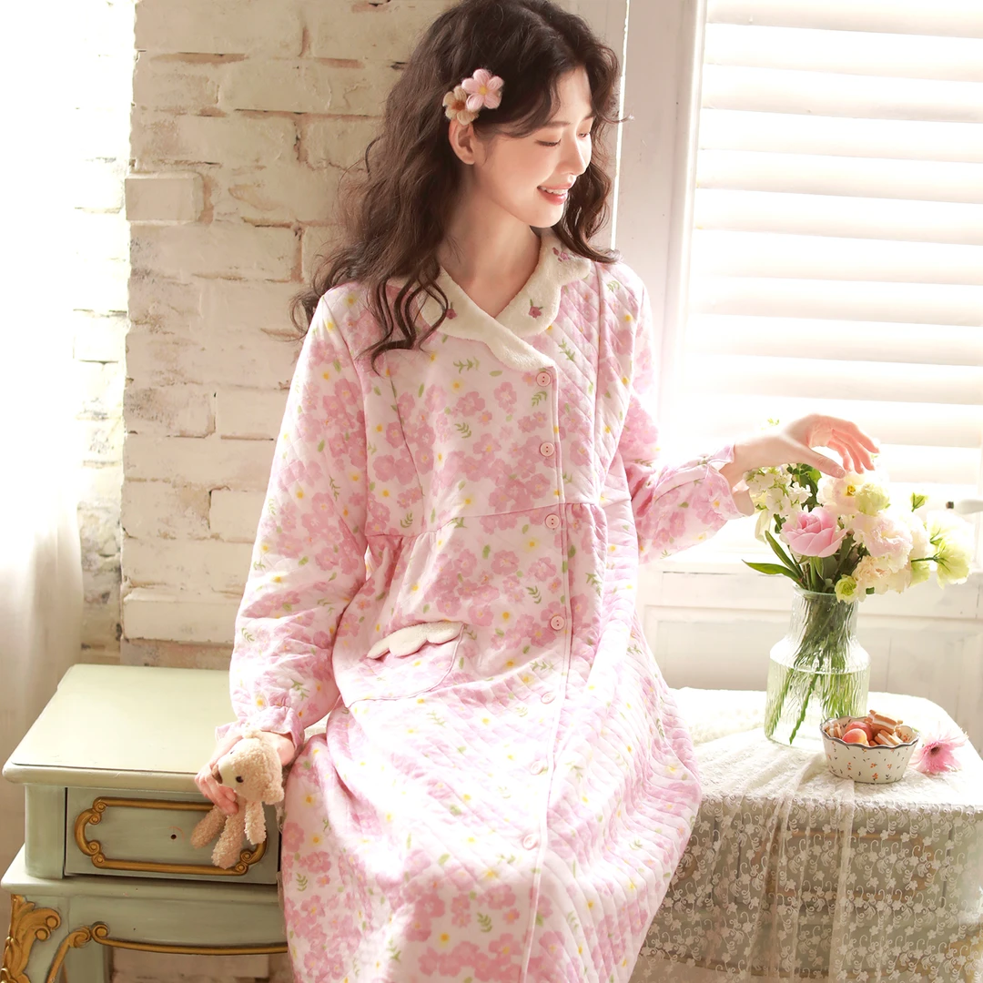 『樱花』富朵空气棉待产裙孕妇秋冬夹棉可外穿睡裙产后保暖哺乳裙