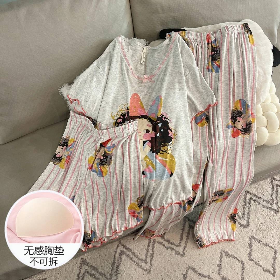 睡衣女夏季短袖三件套装设计感带胸垫大码人像可爱薄款凉感家居服