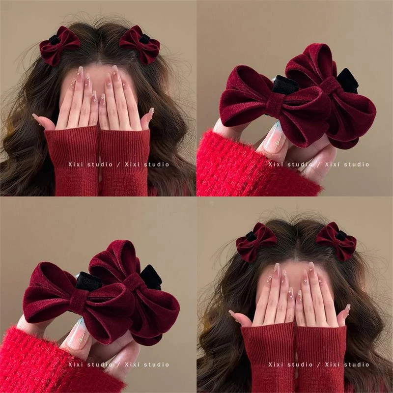 复古红色植绒蝴蝶结发夹公主头刘海抓夹氛围感侧边夹甜妹新年发饰