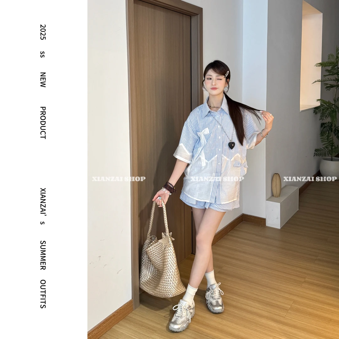 XIANZAI【甜盐笔记】夏季新款格纹拼接蝴蝶结衬衫短袖裙裤两件套装