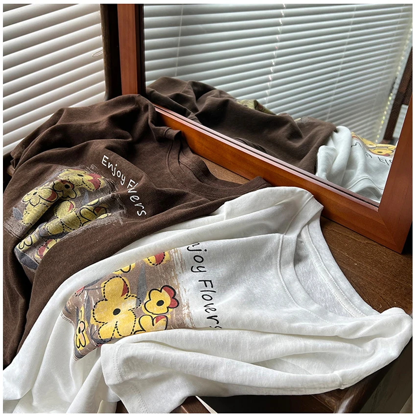 韩系小清新~夏季薄款水洗雪花棉圆领宽松短袖T恤女半袖小衫上衣