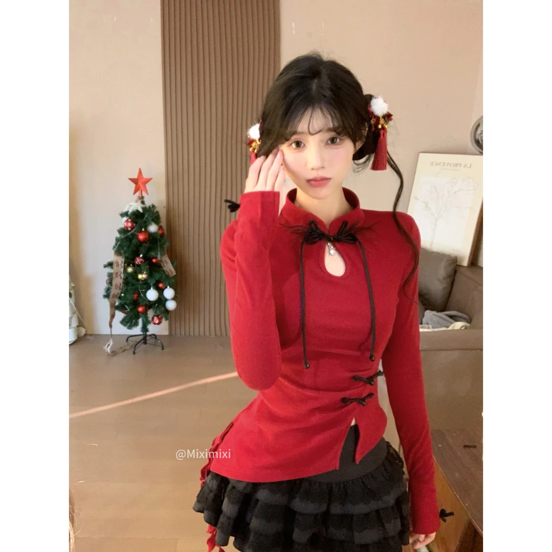 瑞茜·威瑟斯新月 春秋洋气修身设计感红色新中式上衣半裙R3311W