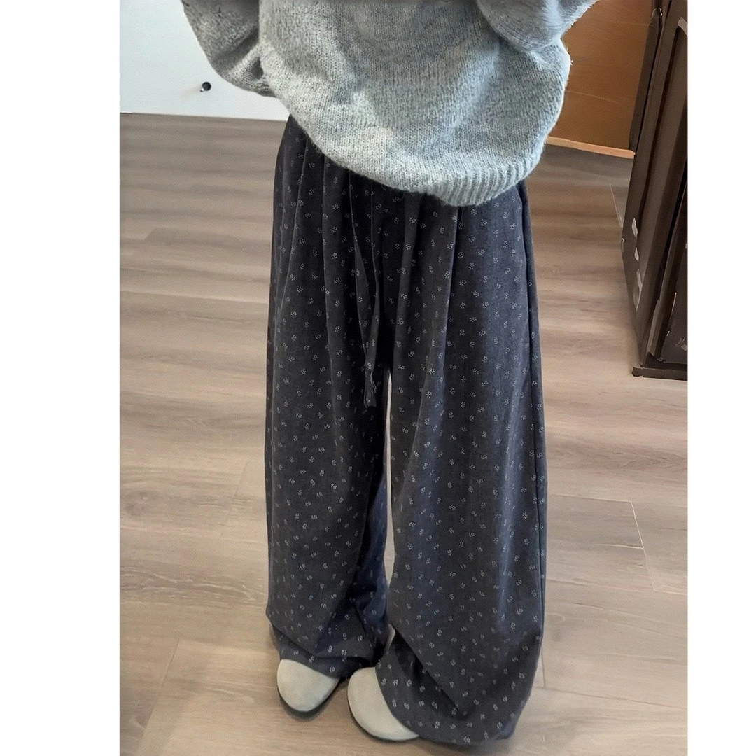 咖色碎花高腰显瘦女直筒阔腿休闲裤冬季大码梨型身材宽松百搭裤子