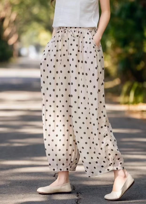 2025夏季新款韩版复古文艺波点苎麻哈伦裤高腰宽松裤子