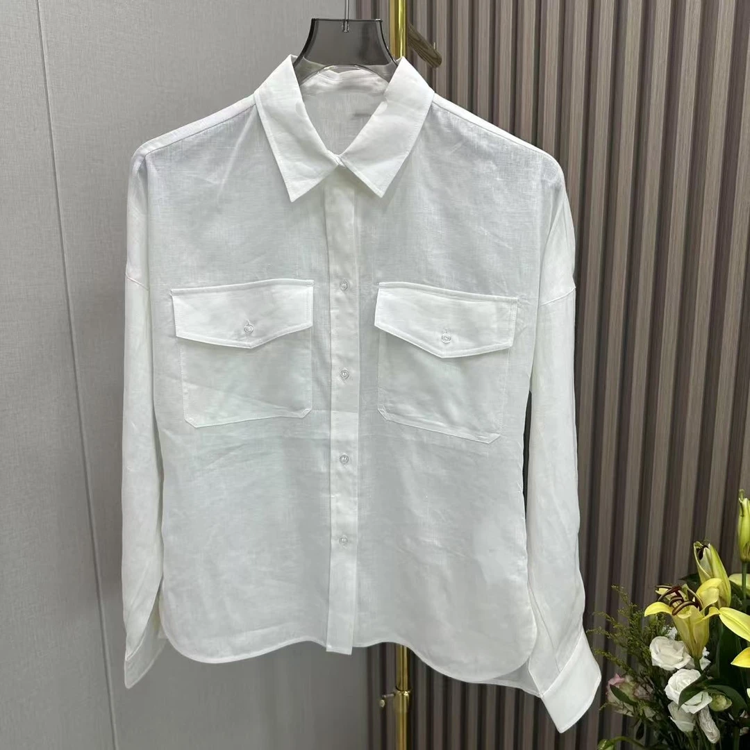 Z白色亚麻翻领显瘦复古宽松衬衣