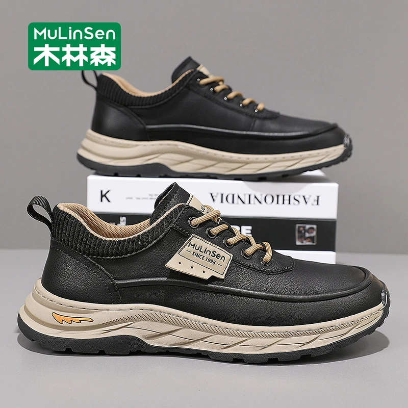 木林森男士休闲鞋2025新款秋季厚底耐磨防滑皮面运动百搭工作潮鞋