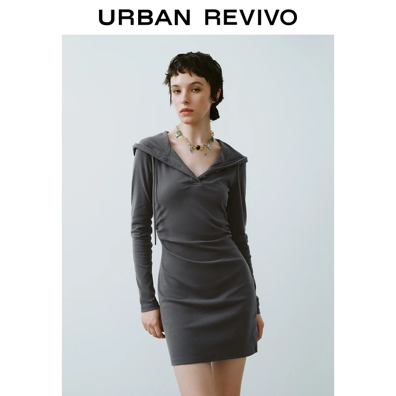 UR2025秋季新款女装休闲连帽抽绳半开襟修身连衣裙UYY750125+