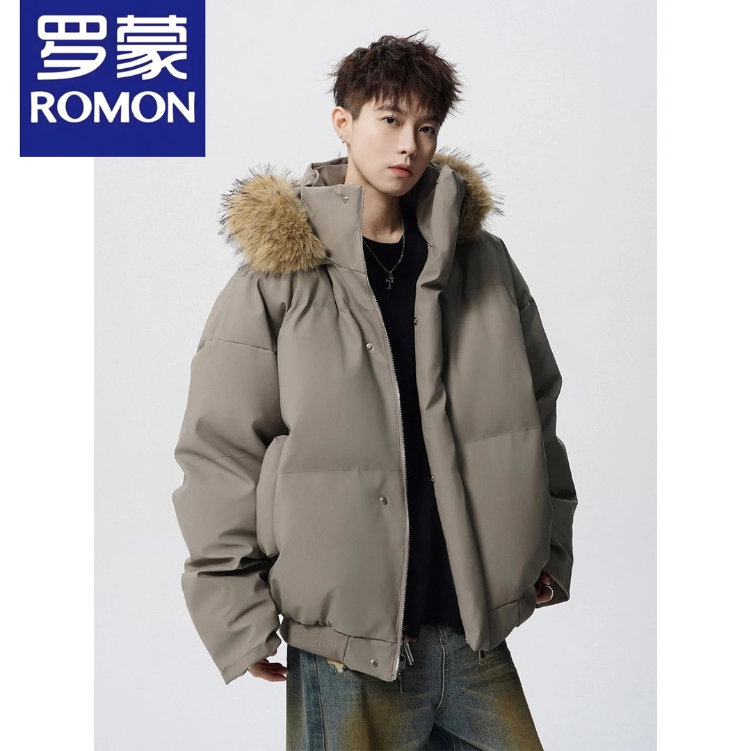 罗蒙美式毛领皮衣棉服男冬季潮牌宽松加厚棉衣可拆卸保暖连帽外套