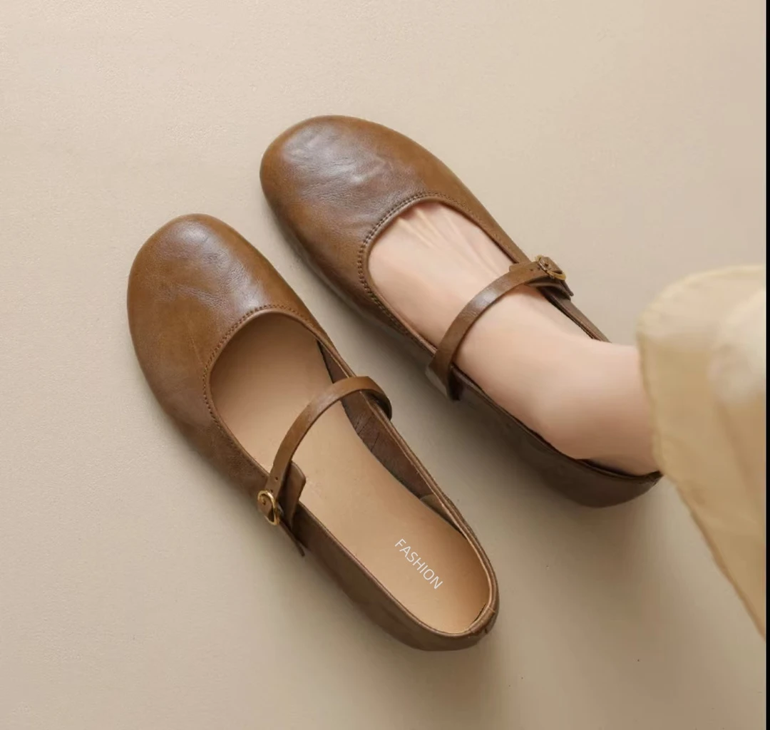 圆头玛丽珍浅口温柔软底软面国潮软皮单鞋女平底新款平跟女鞋