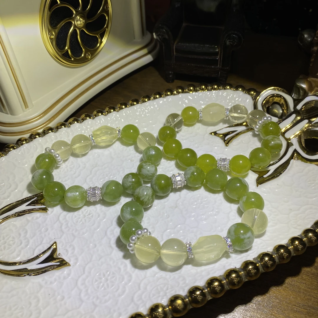 V562-天然老矿料黄水晶搭配青堤奶盖手串单圈-多样性发其一