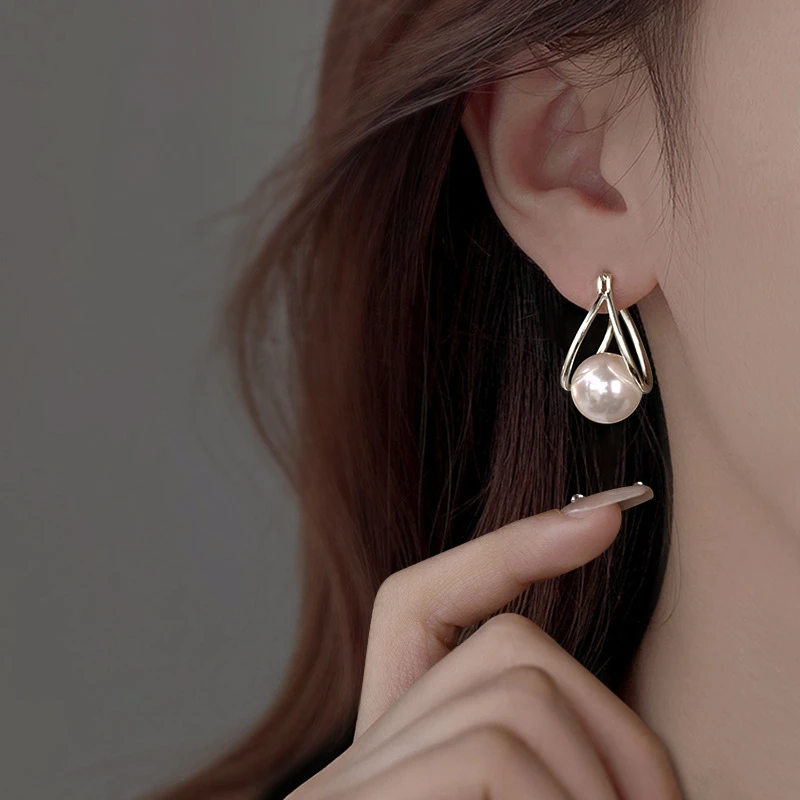 合金树脂耳饰 复古双圈珠珠耳扣简约时尚轻奢小众耳环女