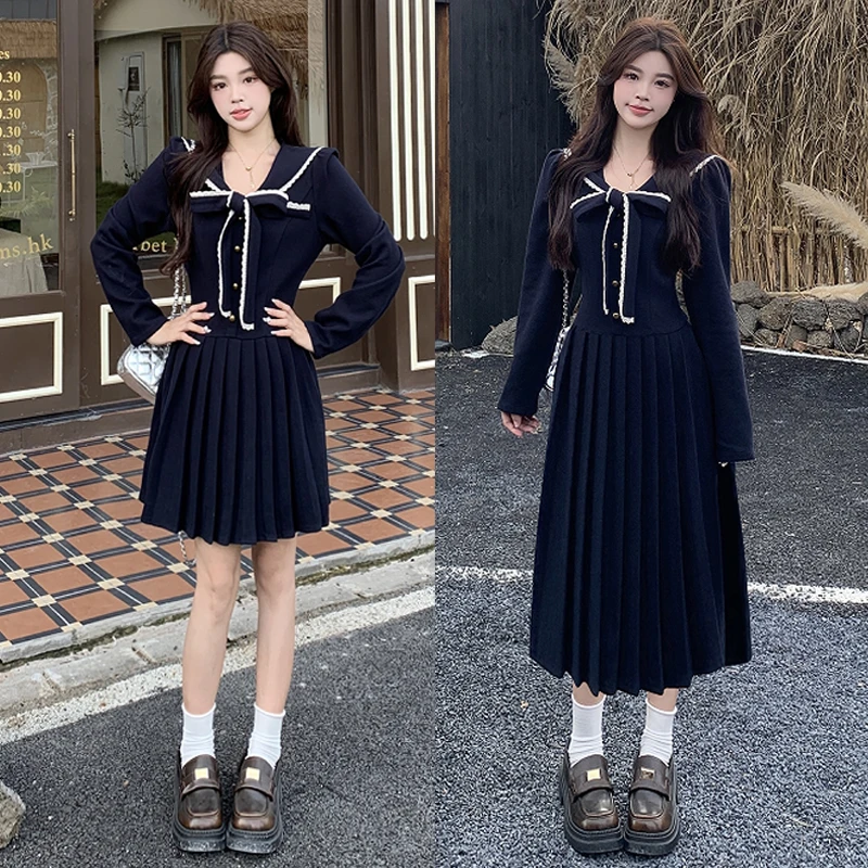 大码胖mm蕾丝拼接设计感海军领减龄学院甜妹女收腰显瘦连衣裙女